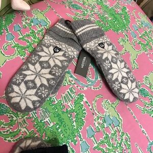 NWT New Hestra Isvik Mitt gray & off white Patterned Wool Knitted Mitten Size 6